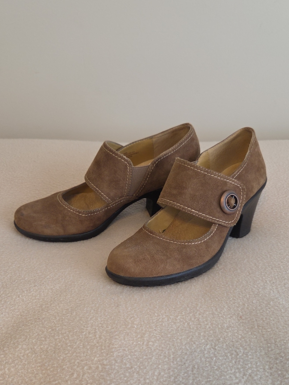 Softspots Brown Suede Mary Jane Heels with Button Strap